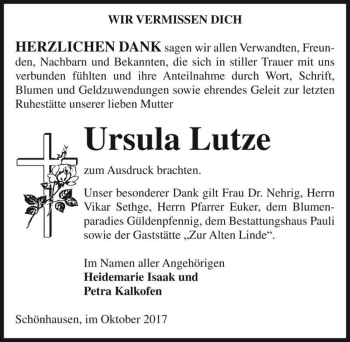 Traueranzeige von Ursula Lutze  von Magdeburger Volksstimme