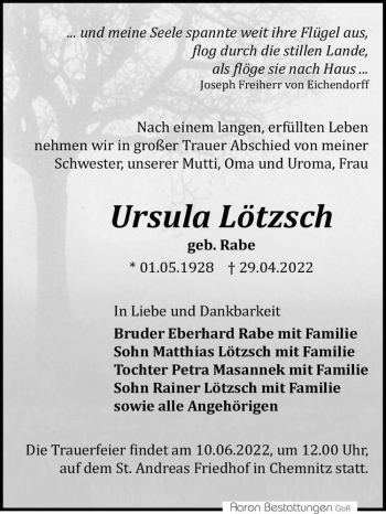 Traueranzeige von Ursula Lötzsch (geb. Rabe)  von Magdeburger Volksstimme