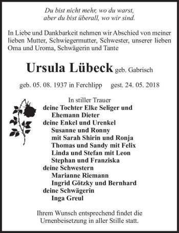 Traueranzeige von Ursula Lübeck (geb. Gabrisch)  von Magdeburger Volksstimme