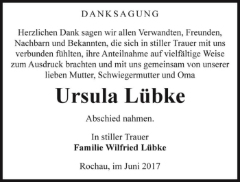 Traueranzeige von Ursula Lübke  von Magdeburger Volksstimme