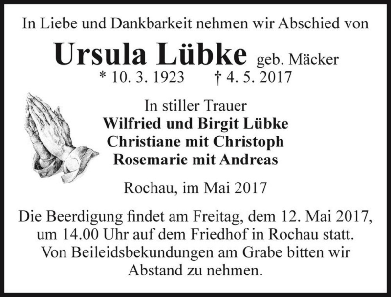  Traueranzeige für Ursula Lübke (geb. Mäcker)  vom 06.05.2017 aus Magdeburger Volksstimme