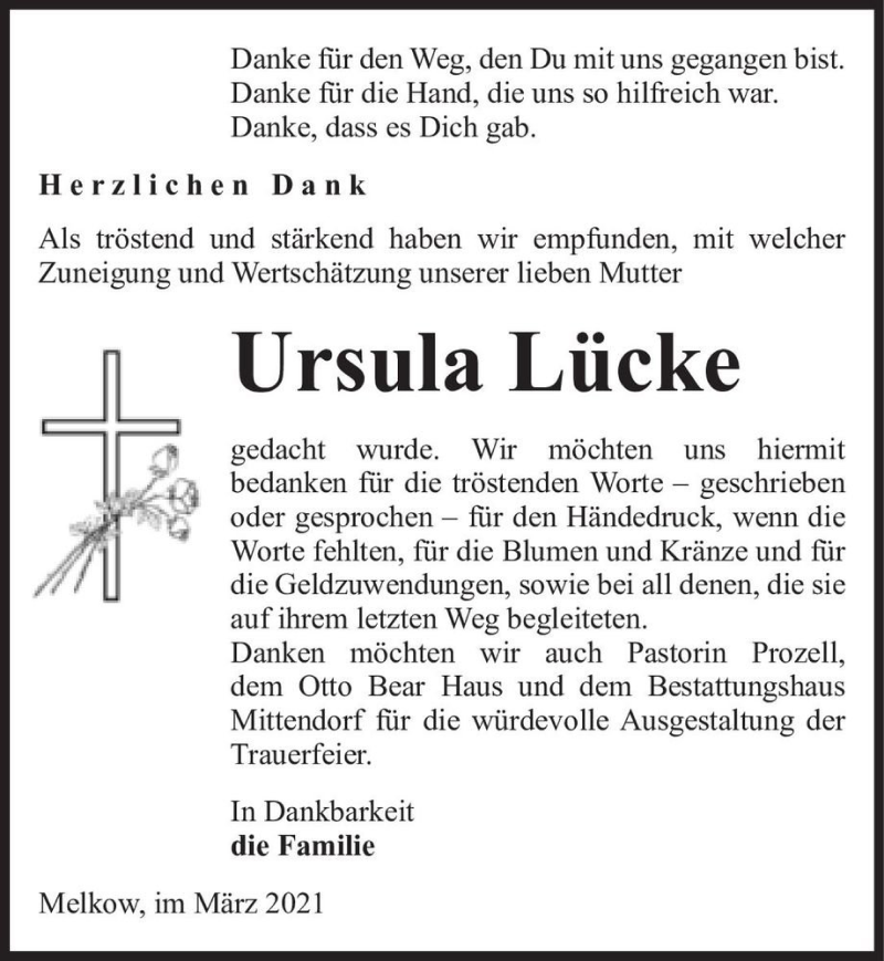  Traueranzeige für Ursula Lücke  vom 06.03.2021 aus Magdeburger Volksstimme