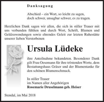 Traueranzeige von Ursula Lüdeke  von Magdeburger Volksstimme