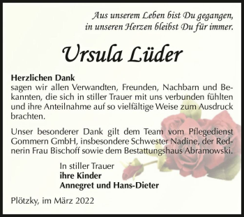 Traueranzeige von Ursula Lüder  von Magdeburger Volksstimme