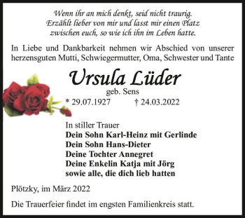 Traueranzeige von Ursula Lüder (geb. Sens)  von Magdeburger Volksstimme