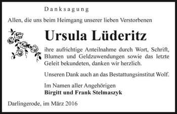 Traueranzeige von Ursula Lüderitz  von Magdeburger Volksstimme