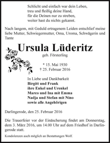 Traueranzeige von Ursula Lüderitz (geb. Försterling)  von Magdeburger Volksstimme