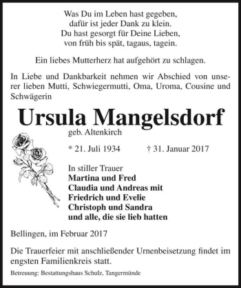 Traueranzeige von Ursula Mangelsdorf (geb. Altenkirch)  von Magdeburger Volksstimme
