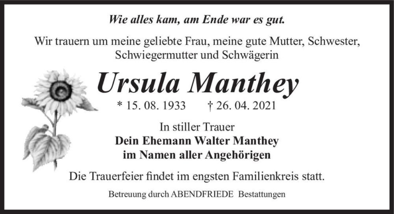  Traueranzeige für Ursula Manthey  vom 15.05.2021 aus Magdeburger Volksstimme