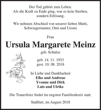Traueranzeige von Ursula Margarete Meinz (geb. Schulze)  von Magdeburger Volksstimme