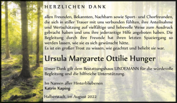 Traueranzeige von Ursula Margarete Ottilie Hunger  von Magdeburger Volksstimme