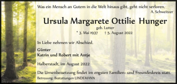Traueranzeige von Ursula Margarete Ottilie Hunger (geb. Lutter)  von Magdeburger Volksstimme