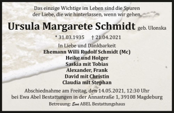 Traueranzeige von Ursula Margarete Schmidt (geb. Schumann)  von Magdeburger Volksstimme