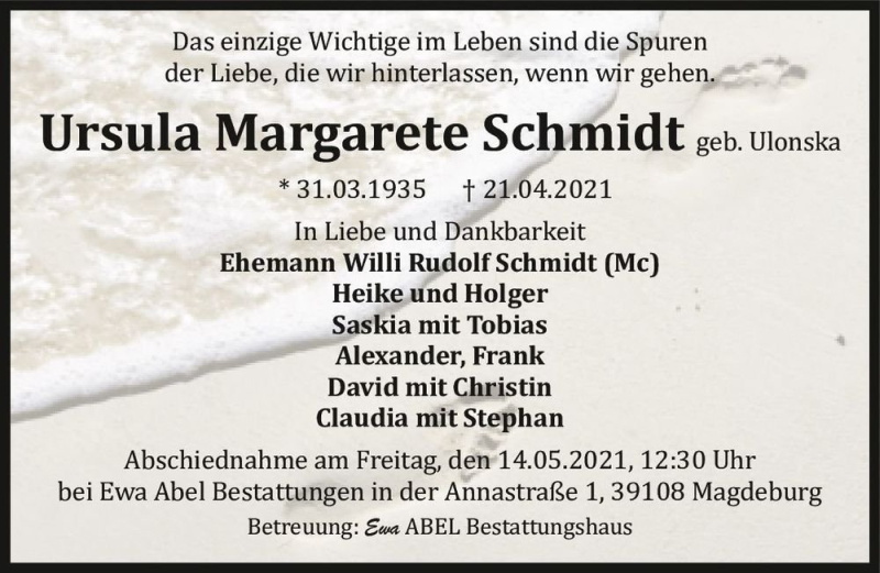  Traueranzeige für Ursula Margarete Schmidt (geb. Schumann)  vom 08.05.2021 aus Magdeburger Volksstimme