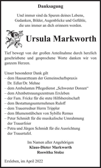 Traueranzeige von Ursula Markworth  von Magdeburger Volksstimme
