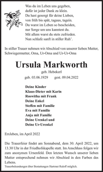 Traueranzeige von Ursula Markworth (geb. Hebekerl)  von Magdeburger Volksstimme