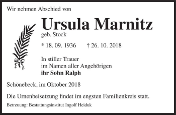 Traueranzeige von Ursula Marnitz (geb. Stock)  von Magdeburger Volksstimme