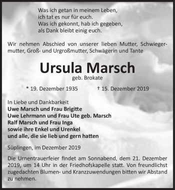 Traueranzeige von Ursula Marsch (geb. Brokate)  von Magdeburger Volksstimme