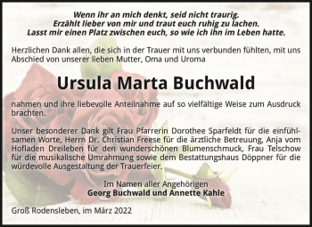 Traueranzeige von Ursula Marta Buchwald  von Magdeburger Volksstimme