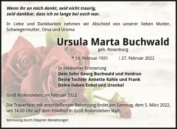 Traueranzeige von Ursula Marta Buchwald (geb. Rosenburg)  von Magdeburger Volksstimme