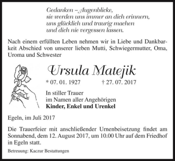 Traueranzeige von Ursula Matejik  von Magdeburger Volksstimme