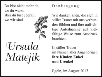 Traueranzeige von Ursula Matejik  von Magdeburger Volksstimme