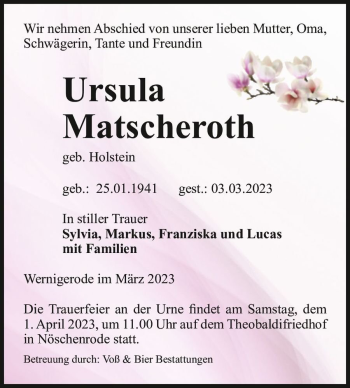 Traueranzeige von Ursula Matscheroth (geb. Holstein)  von Magdeburger Volksstimme