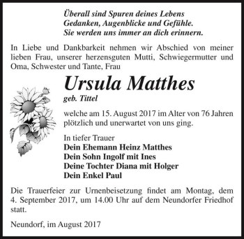 Traueranzeige von Ursula Matthes (geb. Tittel)  von Magdeburger Volksstimme