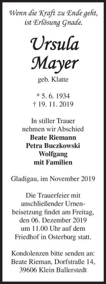 Traueranzeige von Ursula Mayer (geb. Klatte)  von Magdeburger Volksstimme