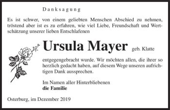 Traueranzeige von Ursula Mayer (geb. Klatte)  von Magdeburger Volksstimme
