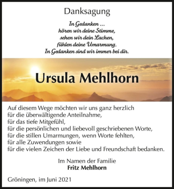 Traueranzeige von Ursula Mehlhorn  von Magdeburger Volksstimme