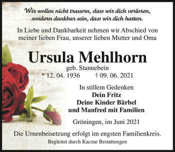Traueranzeige von Ursula Mehlhorn (geb. Stannebein)  von Magdeburger Volksstimme