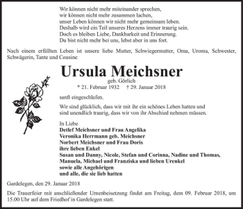 Traueranzeige von Ursula Meichsner (geb. Görlich)  von Magdeburger Volksstimme