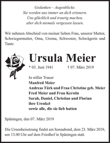 Traueranzeige von Ursula Meier  von Magdeburger Volksstimme