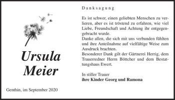 Traueranzeige von Ursula Meier  von Magdeburger Volksstimme