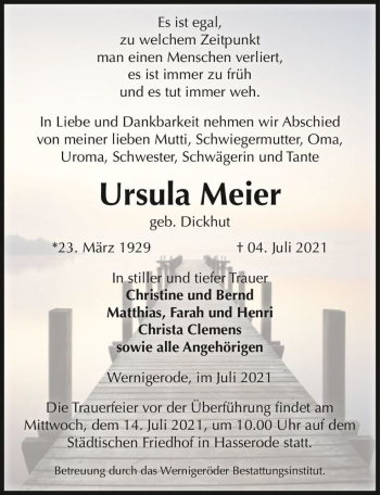 Traueranzeige von Ursula Meier (geb. Dickhut)  von Magdeburger Volksstimme