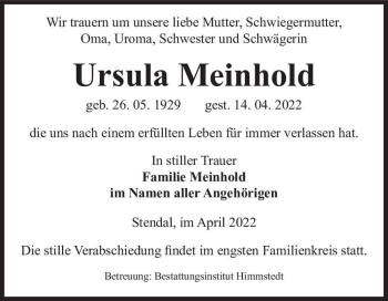 Traueranzeige von Ursula Meinhold  von Magdeburger Volksstimme
