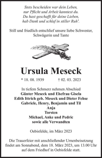 Traueranzeige von Ursula Meseck  von Magdeburger Volksstimme