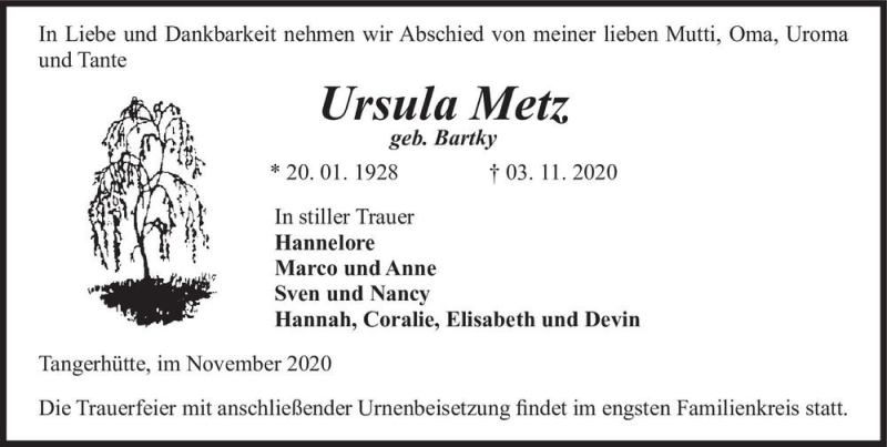  Traueranzeige für Ursula Metz (geb. Bartky)  vom 12.11.2020 aus Magdeburger Volksstimme