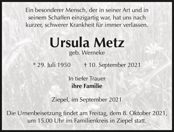 Traueranzeige von Ursula Metz (geb. Werneke)  von Magdeburger Volksstimme