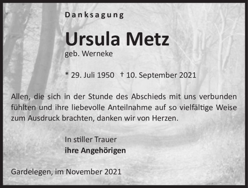  Traueranzeige für Ursula Metz (geb. Werneke)  vom 12.11.2021 aus Magdeburger Volksstimme