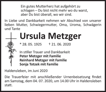 Traueranzeige von Ursula Metzger  von Magdeburger Volksstimme