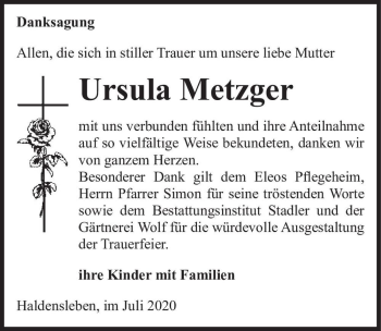 Traueranzeige von Ursula Metzger  von Magdeburger Volksstimme