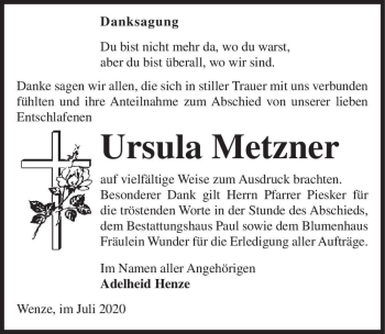 Traueranzeige von Ursula Metzner  von Magdeburger Volksstimme
