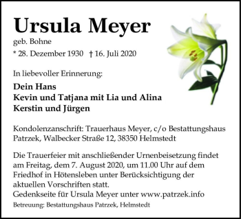 Traueranzeige von Ursula Meyer (geb. Bohne)  von Magdeburger Volksstimme