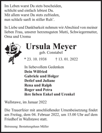 Traueranzeige von Ursula Meyer (geb. Constabel)  von Magdeburger Volksstimme