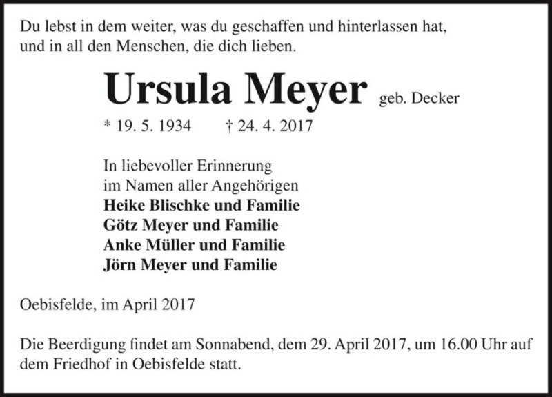  Traueranzeige für Ursula Meyer (geb. Decker)  vom 26.04.2017 aus Magdeburger Volksstimme