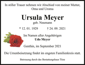 Traueranzeige von Ursula Meyer (geb. Neumann)  von Magdeburger Volksstimme