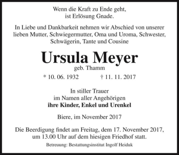 Traueranzeige von Ursula Meyer (geb. Thamm)  von Magdeburger Volksstimme