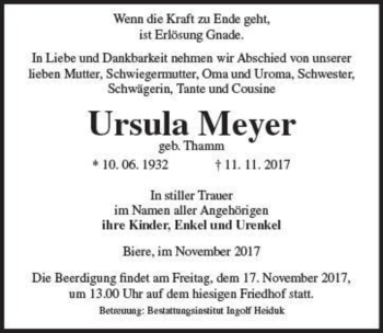 Traueranzeige von Ursula Meyer (geb. Thamm)  von Magdeburger Volksstimme